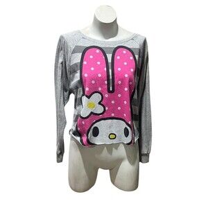 Sanrio My Melody Top Womens M Gray Striped Long Sleeve Graphic Scoop Neck